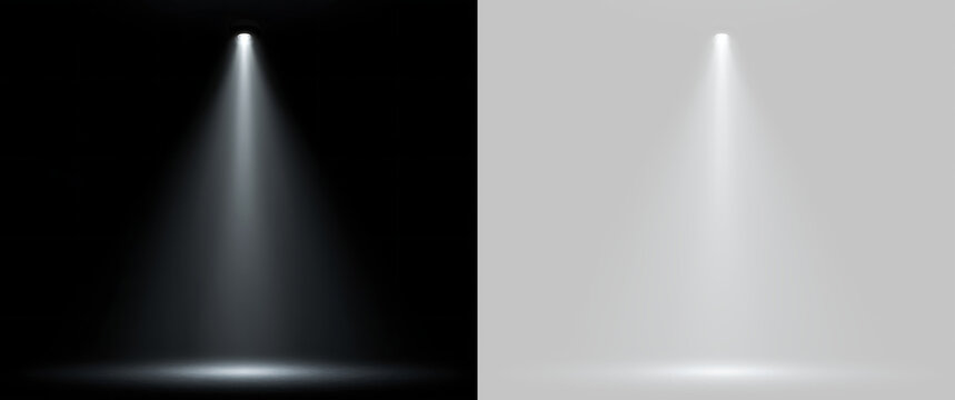 Slender vertical spotlight shining down on floor. Illumination effect overlay on transparent and black background. Minimalist stage light beam