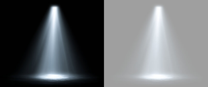 Vertical spotlight beam illuminating dark stage floor with reflection. Volumetric cone light effect. Isolated on transparent and black background