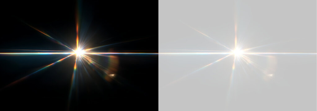 Anamorphic optical lens flare with horizontal light streak. Bright starburst with chromatic aberration overlay on black and transparent background