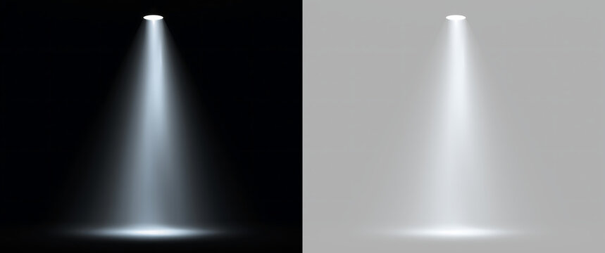 Downward spotlight beam casting oval glow on stage. Realistic ceiling downlight effect on dark and transparent background. Studio lighting template