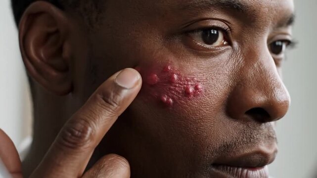 Close up view of an african american man touching his cheek, showing a severe case of cystic acne. The painful skin inflammation with red pustules highlights a dermatological issue