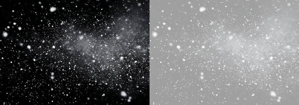 Heavy winter snowfall and blowing blizzard overlay. Realistic white snowflakes on transparent and black background. Holiday particle effect