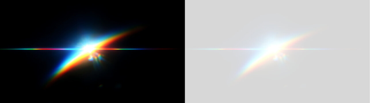 Prism rainbow lens flare overlay on transparent background. Colorful optical light beam and refraction effect