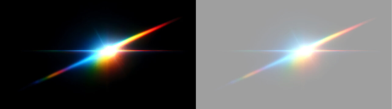 Rainbow lens flare effect on transparent background. Colorful anamorphic light streak and optical glow overlay