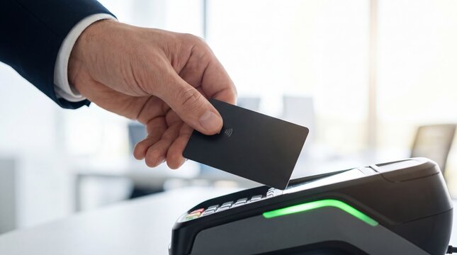 Man hand tapping contactless credit card on pos terminal for payment. Cashless nfc transaction and digital banking technology. Retail checkout and financial service concept