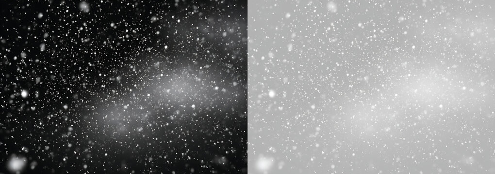 Realistic snowfall overlay with glowing winter flakes. Snow blizzard on transparent and black background. Holiday composite texture