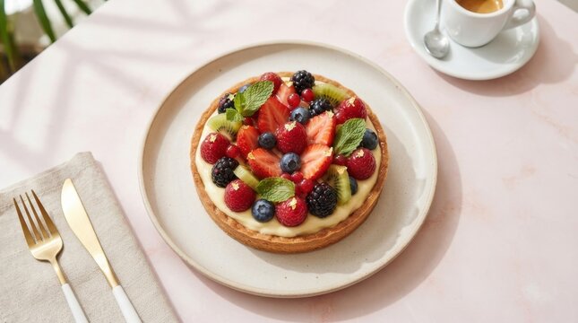 Freshly baked fruit tart with berries and cream, served with espresso
