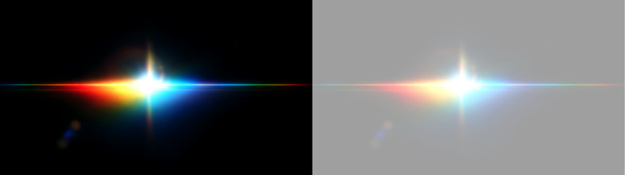 Anamorphic rainbow lens flare with star burst on transparent background. Optical horizontal light streak overlay