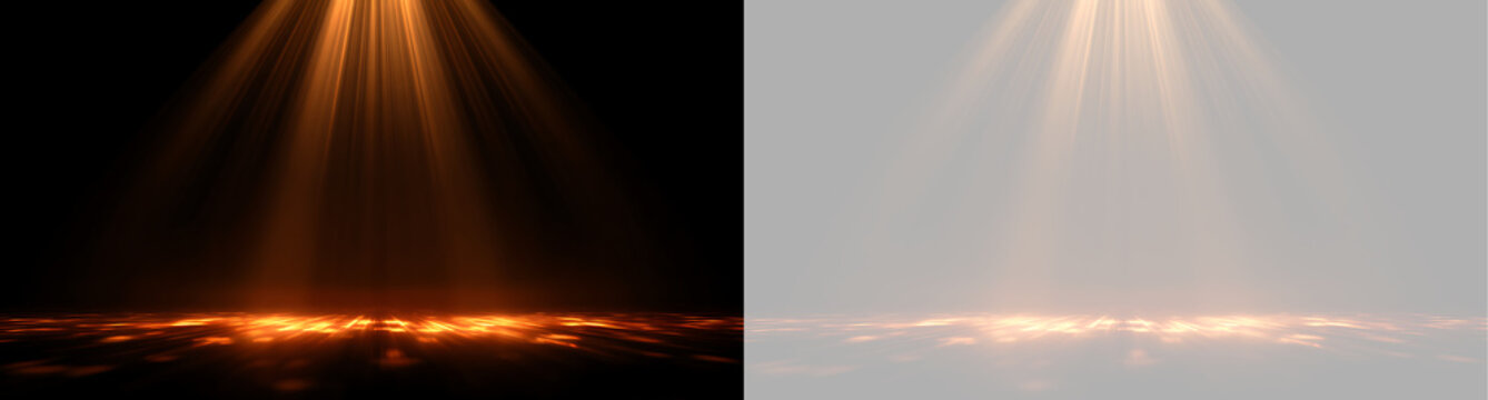 Bright orange stage spotlight shining on reflective floor. Golden light beam effect on black and transparent background