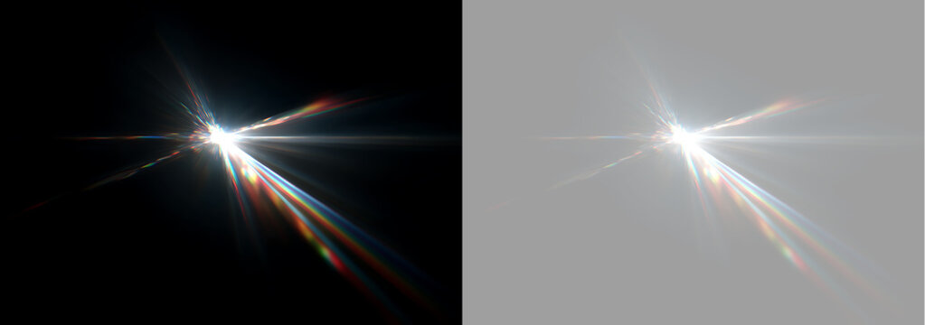 Radiant lens flare effect with crystal prism light refraction and rainbow rays. Cinematic optical glare isolated on transparent and black background