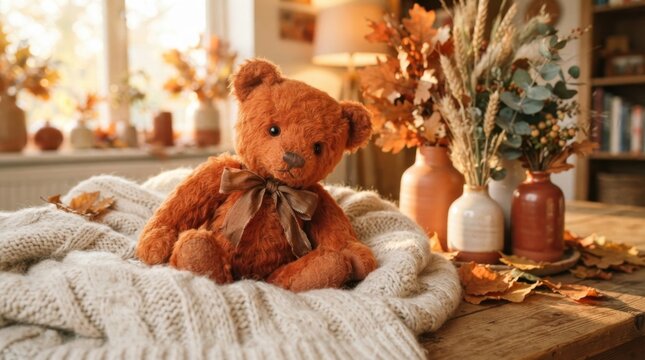 Cozy teddy bear resting on a knitted blanket surrounded by autumn leaves and decor