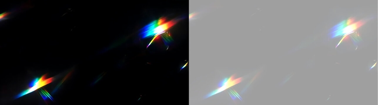 Rainbow prism light leak overlay on transparent background. Crystal glass refraction effect with spectrum flares. Optical sunbeam texture