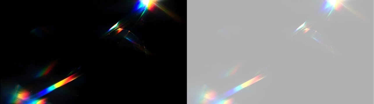 Rainbow lens flare and crystal prism light overlay. Glass refraction beam on transparent background. Optical spectrum light leak for video and photo