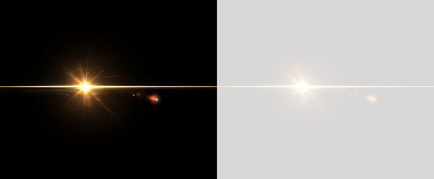 Horizontal golden lens flare effect with soft halo and light rays. Warm optical burst on transparent and black background