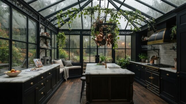 Elegant greenhouse kitchen with dark cabinets and copper pots on a rainy day