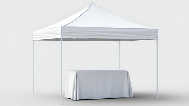 Awesome photo of white popup canopy tent with table isolated on white background.