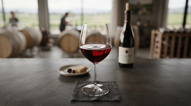 Glass of red wine and cheese tasting at a winery with barrels in background