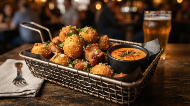 Crispy fried appetizers served in a metal basket with dipping sauce and beer