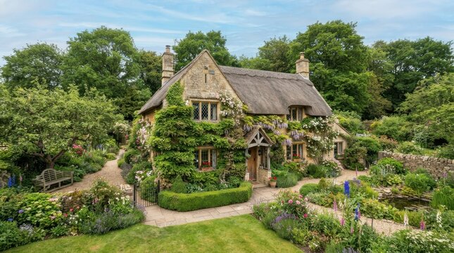 Charming thatched cottage surrounded by a lush, blooming garden in the English countryside