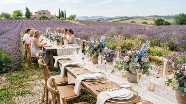 Elegant outdoor dinner party set amidst a blooming lavender field in Provence