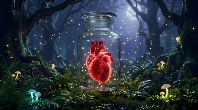 World heart day a glowing human heart sealed inside a glass jar amidst a magical, enchanted forest filled with fireflies