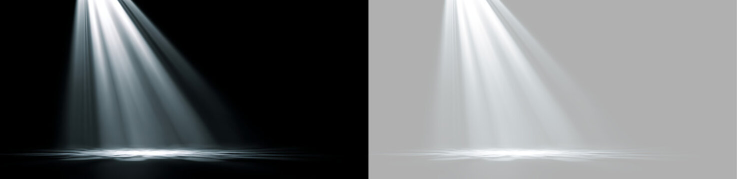 Angled volumetric spotlight beam illuminating stage floor. Realistic bright theater light effect overlay on black and transparent background. Presentation lighting template