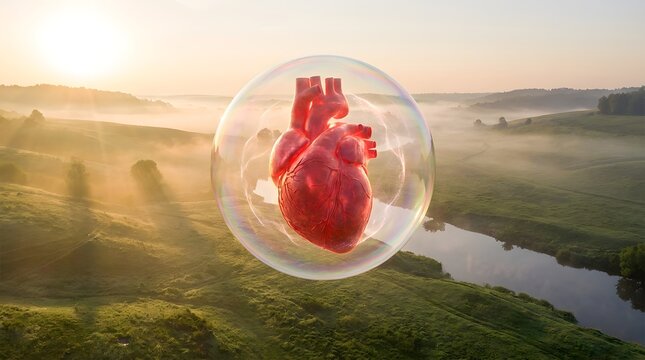 World heart day a surreal digital composition featuring a realistic red human heart floating inside a soap bubble above a foggy sunrise landscape