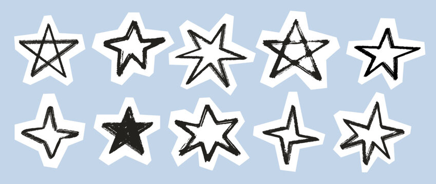 Craft scrapbook sparkles and sparks collection. Hand drawn collage stars element set. Crayon doodle asterisk cut out paper sticker pack. Sketched shapes for DIY badge, zine, poster. Vector