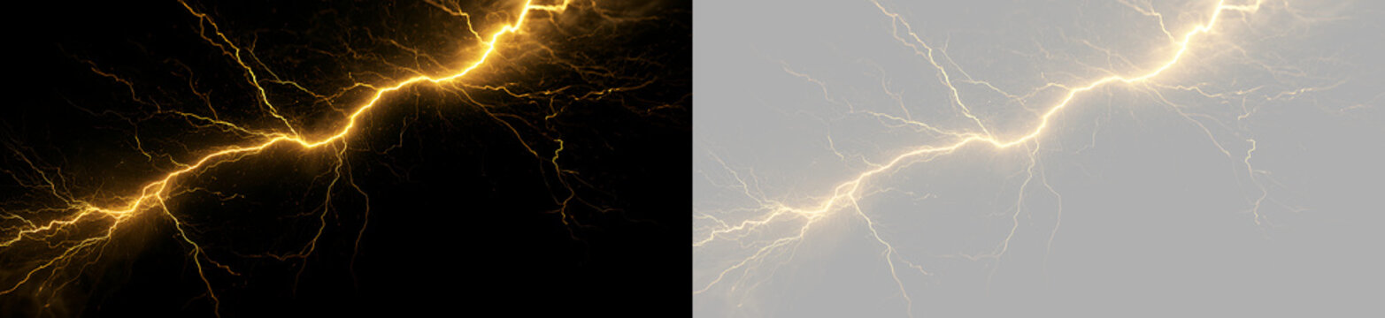 Powerful golden electric lightning strike with plasma glow. Horizontal yellow electrical discharge banner isolated on transparent and black background