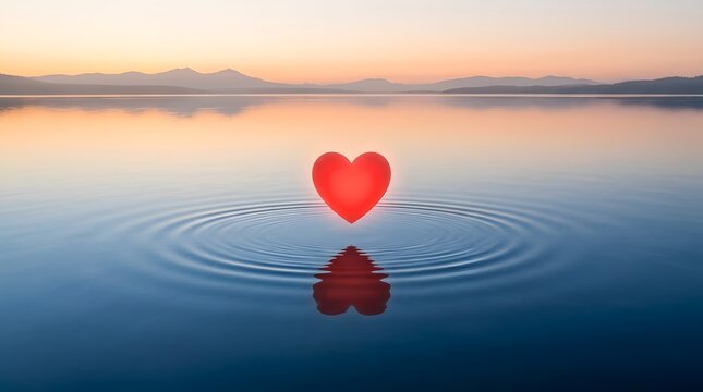 World heart day a glowing red heart hovers over a tranquil water surface, creating gentle ripples and a reflection at sunset