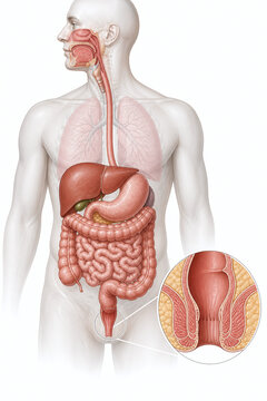 Human digestive anatomy with anorectal region overview