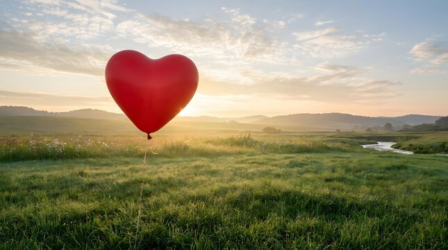 World heart day a single red heartshaped balloon floating above a lush green field at sunrise with a river in the distance