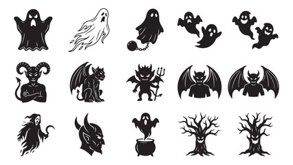 Fototapeta premium Halloween ghost and demon silhouette icons collection
