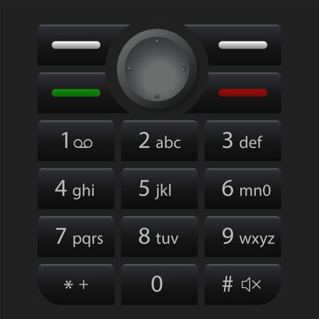Black vintage mobile phone keypad interface with numeric buttons, navigation pad, and call keys. Vector UI mockup design.