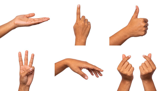 Collection of female hand gestures, including numbers, thumbs up, and a love sign, on transparent background.