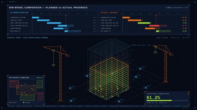 A split composition of a digital twin construction site showcasing a wireframe high-rise with IoT sensors, BIM model comparison, and safety zones for progress tracking.