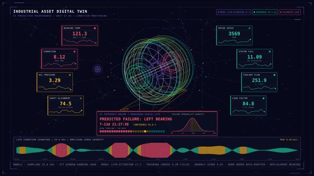 A glowing 3D wireframe model of a massive industrial turbine with floating diagnostic panels for predictive maintenance, showcasing AI technology and real-time data analysis.