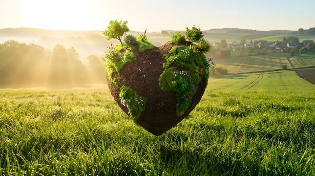 World heart day heart shaped earth floating above a green meadow at sunrise, conceptual ecology imagery
