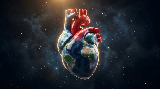 World heart day a striking 3d rendering of the planet earth shaped like a human heart, suspended in the dark cosmos