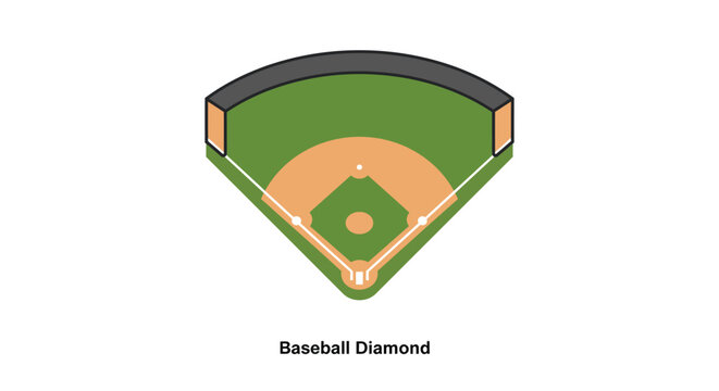 Isometric Baseball Field Diamond Diagram with Green Grass and Dirt Infield Layout