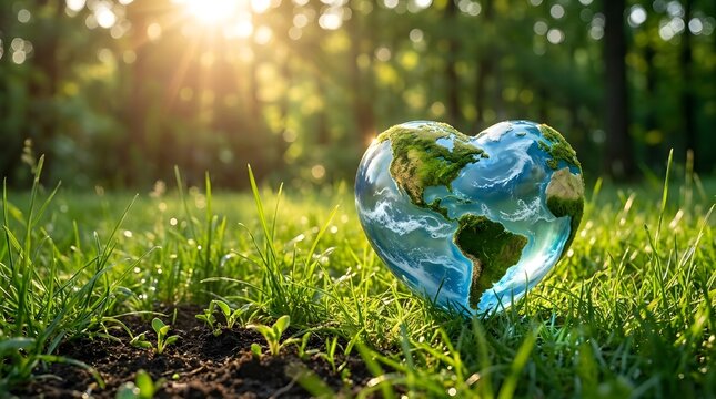 World heart day heartshaped earth globe resting on green grass in a sunlit forest, symbolizing environmental love and conservation