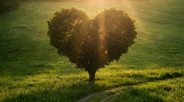 World heart day a heartshaped tree stands alone in a lush green meadow, illuminated by the warm, golden light of the setting sun
