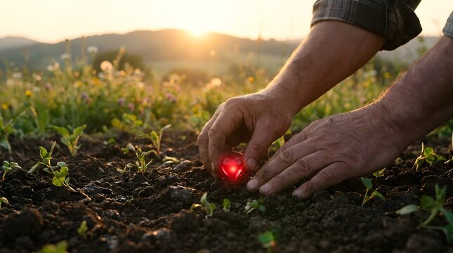 World heart day farmer hands planting a glowing red heart in fertile soil in a field at sunset, symbol of love, care, and agriculture
