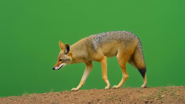 Coyote walking across a dry dirt path with green screen background during daytime cinematic motion