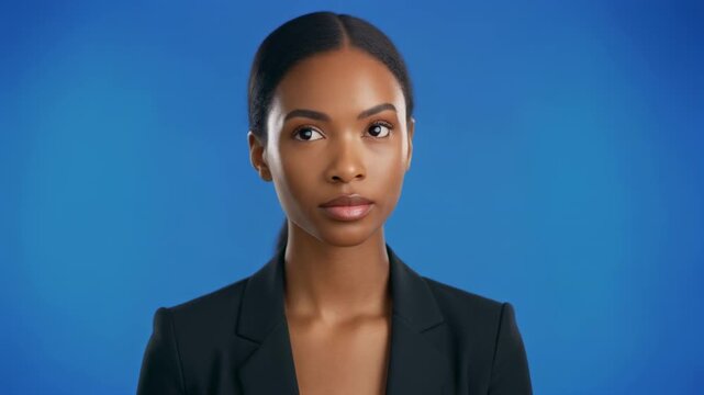 Woman in Business Attire Expressing Various Emotions Against a Blue Background