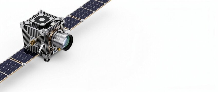 地球観測用超小型衛星キューブサットの3Dレンダリング 背景白 コピースペース（21:9 Webヘッダー用）