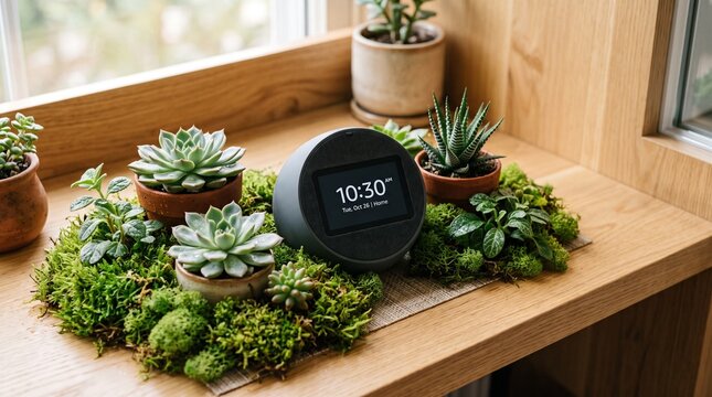 Smart display device on wooden windowsill surrounded by succulents and moss, small potted plants in terracotta pots, natural morning light, cozy biophilic home decor, minimalist interior, screen showi