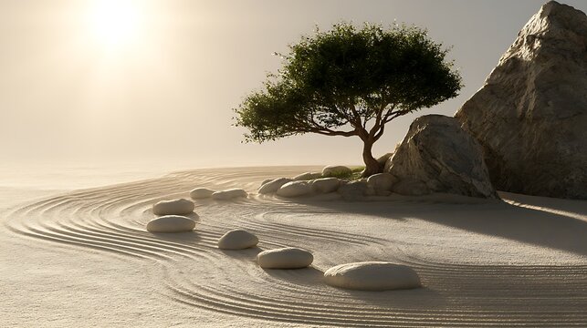 Awesome photo of zen garden with a tree and stones on raked sand.