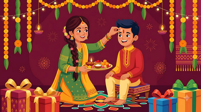Bhai Dooj celebration illustration, sister applying tilak to brother, Indian festival of Bhai Tika with gifts and traditional sweets