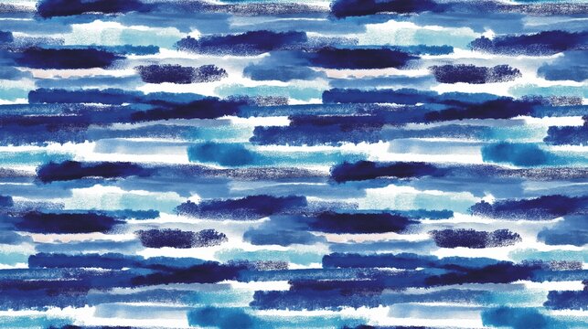 Seamless pattern background with abstract blue watercolor brush strokes. Continuous artistic textile print or hand painted ink splash texture with horizontal navy and turquoise streaks on white.
